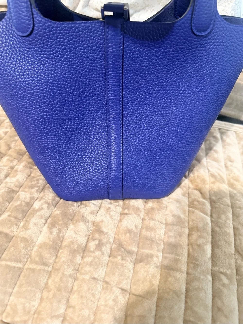 Pebbled Leather Small Tote in Royal Blue with Top Handles